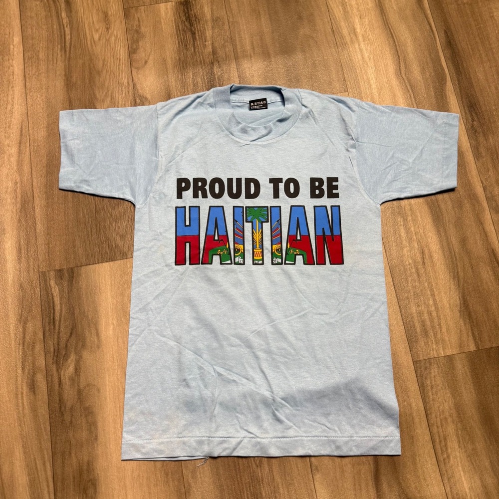 Vintage Best Fruit of the Loom Proud To Be Haitian T-Shirt Blue Small USA Made